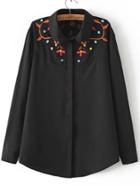 Romwe Lapel Long Sleeve Embroidered Blouse