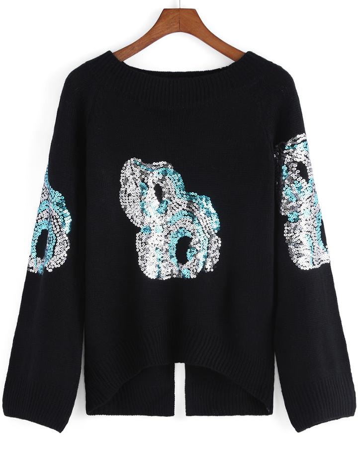 Romwe Sequined Split Dip Hem Sweater