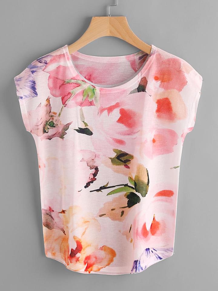 Romwe Dolman Sleeve All Over Printed Random Tee