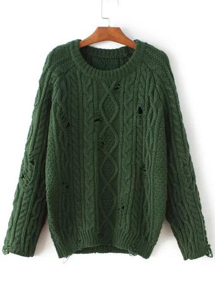Romwe Green Cable Knit Ripped Raglan Sleeve Sweater