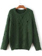 Romwe Green Cable Knit Ripped Raglan Sleeve Sweater