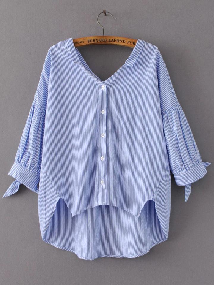 Romwe Blue Striped Tie Cuff High Low Blouse