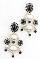 Romwe Black White Oval Gemstone Gold Earrings