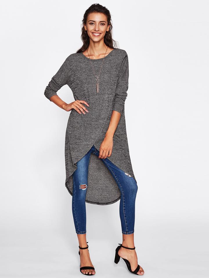 Romwe Curve Dip Hem Overlap Marled Tee