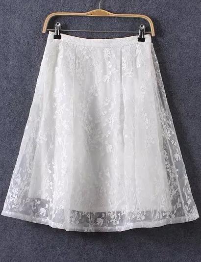 Romwe High Waist Organza Embroidered White Skirt