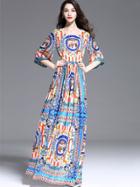 Romwe Multicolor Round Neck Length Sleeve Print Dress