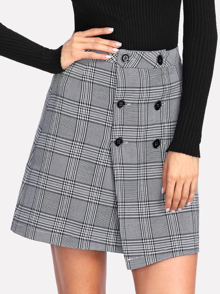 Romwe Wales Check Overlap Skirt