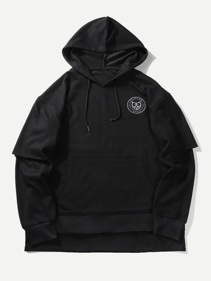 Romwe Men Owl Print Dipped Hem Hoodie Sweatshirt