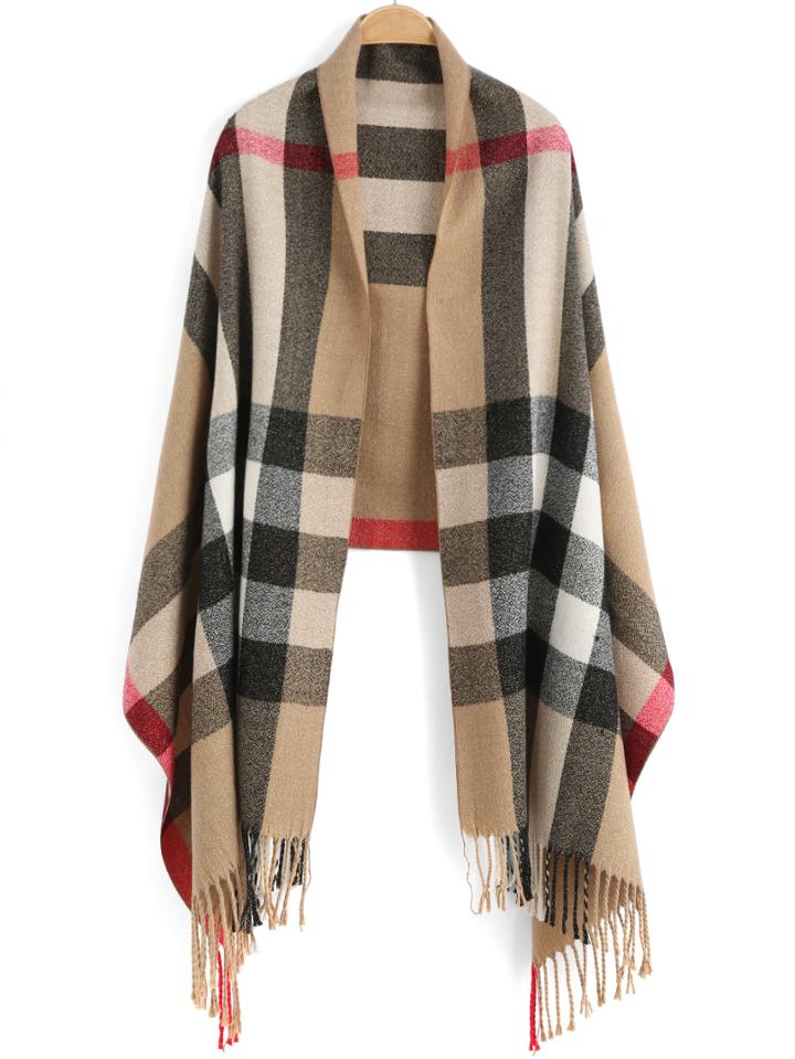 Romwe Khaki Plaid Tassel Casual Scarve