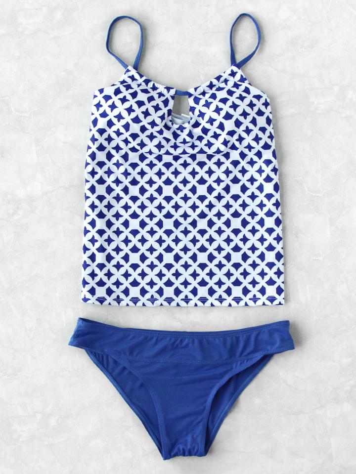 Romwe Two Tone Printed Keyhole Front Tankini Set