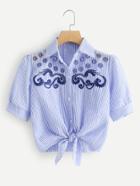 Romwe Cut Out Embroidered Striped Shirt