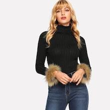 Romwe Contrast Faux Fur Ribbed Sweater