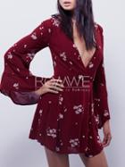 Romwe Burgundy Long Sleeve Deep V Neck Embroidered Dress