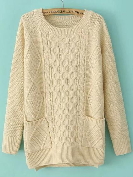 Romwe Diamond Patterned Pockets High Low Beige Sweater