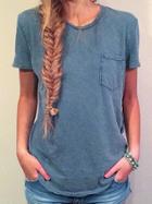 Romwe Light Blue T-shirt With Pocket