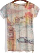 Romwe Car Building Print Round Neck T-shirt