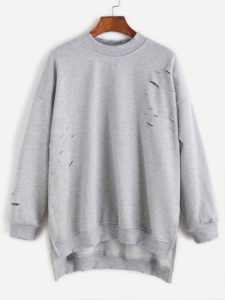 Romwe Grey Crew Neck High Low Slit Side Ripped Sweatshirt