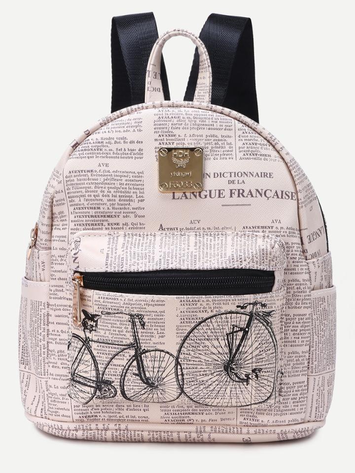 Romwe Beige Pu Bicycle Print Front Zipper Backpack