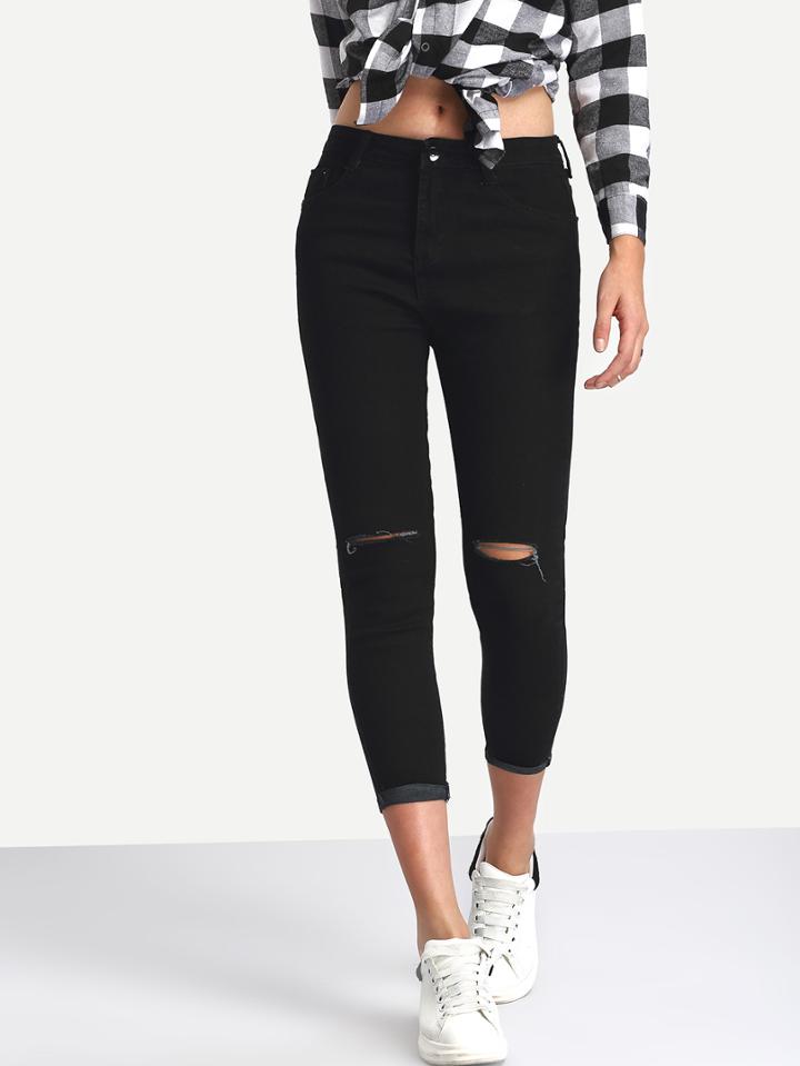 Romwe Knee Ripped Rolled Hem 3/4 Length Skinny Jeans