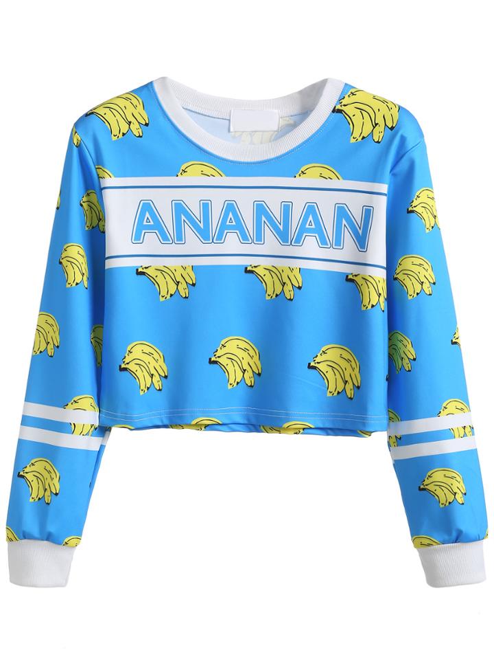 Romwe Blue Contrast Trim Printed Crop Sweatshirt