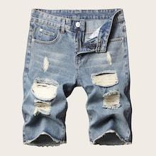 Romwe Guys Ripped Raw Hem Faded Denim Shorts