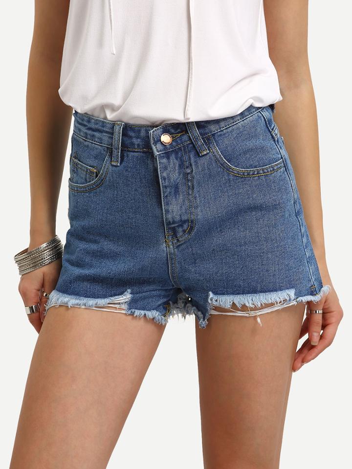 Romwe Frayed Dark Blue Denim Shorts