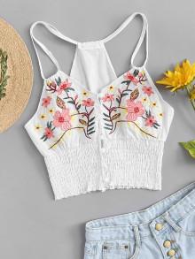 Romwe Button Front Embroidery Smock Top