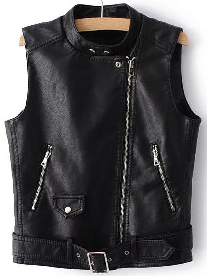 Romwe Black Stand Collar Oblique Zipper Pu Vest