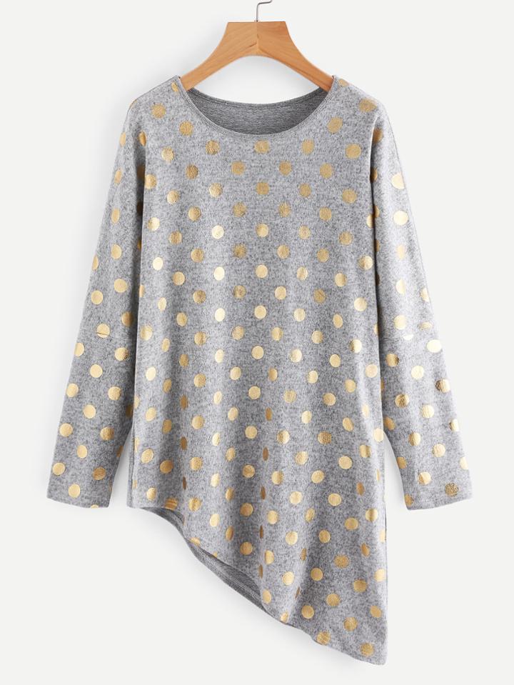 Romwe Polka Dot Asymmetric Hem Sweater