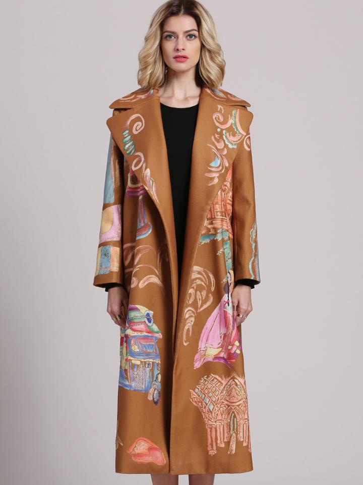 Romwe Camel V Neck Long Sleeve Print Pockets Coat