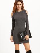 Romwe Grey Open Shoulder Ribbed Bodycon Dress