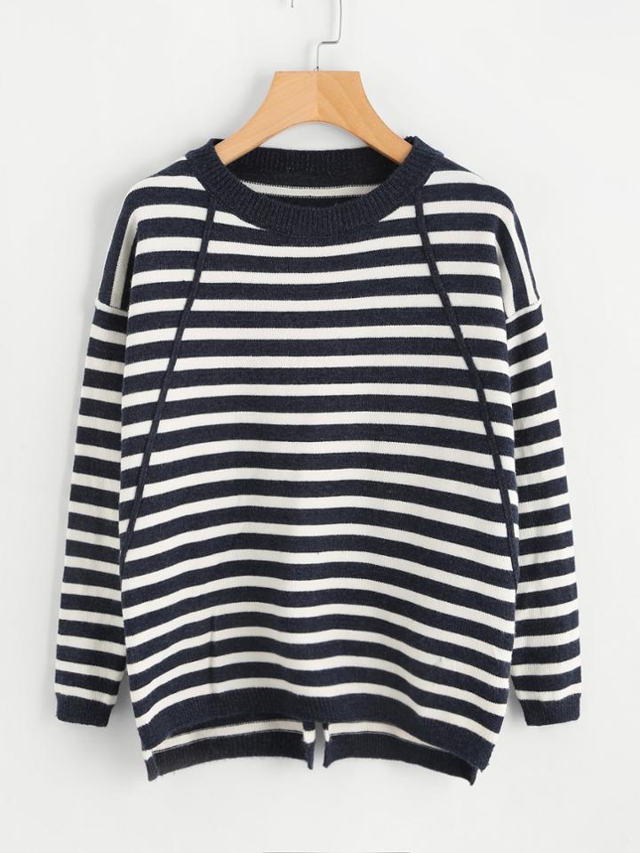Romwe Drop Shoulder Split Back Striped Knit Sweater