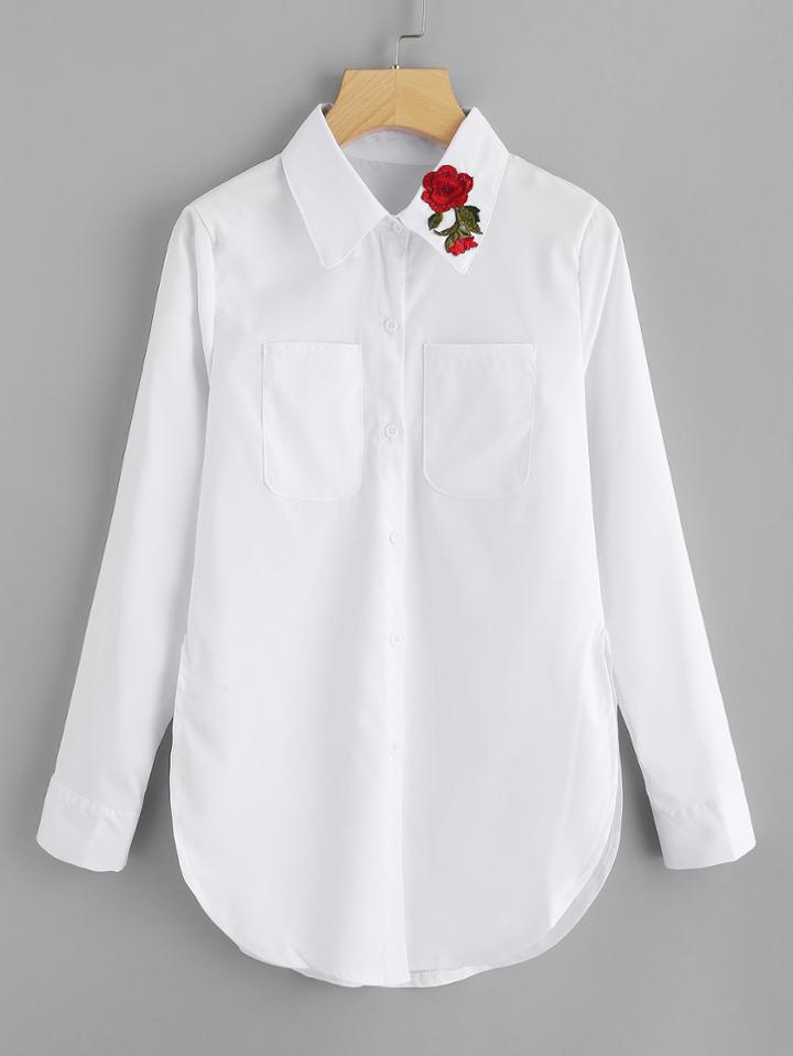 Romwe Dual Pocket Rose Embroidered Patch Shirt