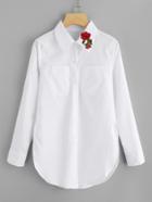 Romwe Dual Pocket Rose Embroidered Patch Shirt