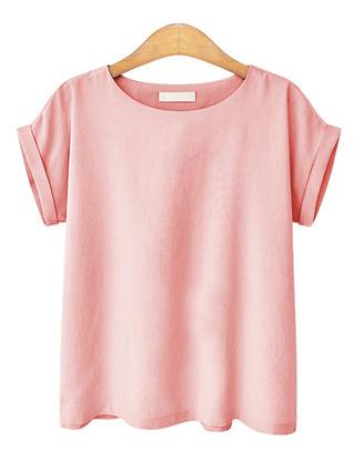 Romwe Pink Round Neck Roll Sleeve Top