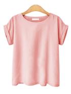 Romwe Pink Round Neck Roll Sleeve Top