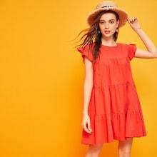 Romwe Ruffle Hem Solid Smock Dress
