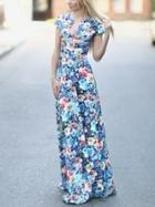 Romwe V Neck Florals Maxi A-line Blue Dress