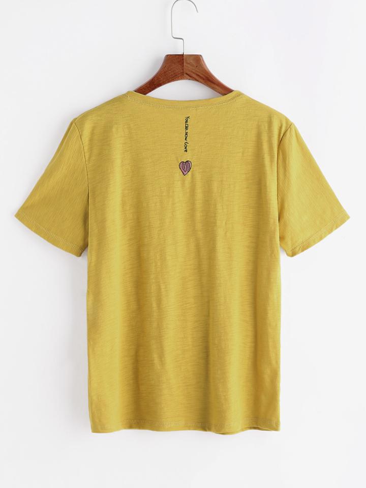 Romwe Love Shape Embroidery Slub T-shirt