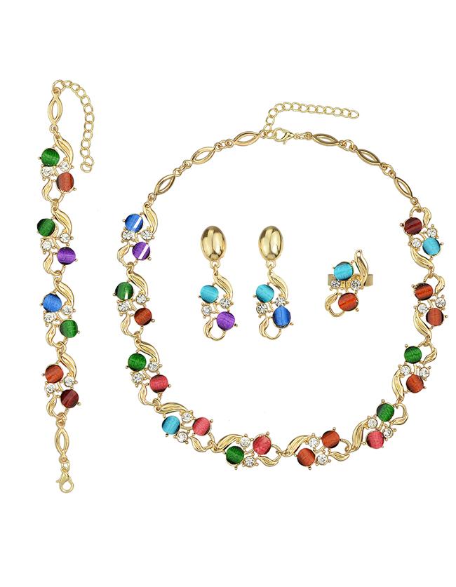 Romwe Elegant Colorful Necklace Bracelet Earrings Rings Rhinestone Jewelry Set