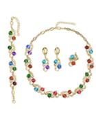 Romwe Elegant Colorful Necklace Bracelet Earrings Rings Rhinestone Jewelry Set