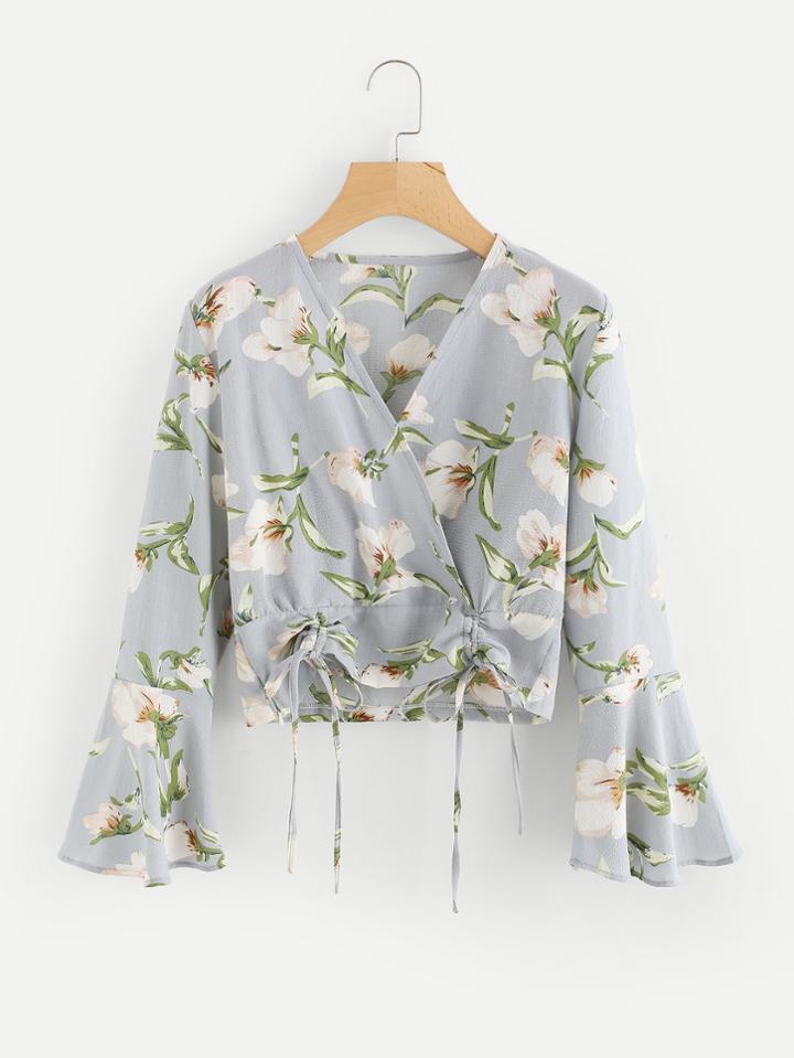 Romwe Bell Sleeve Floral Print Drawstring Hem Top