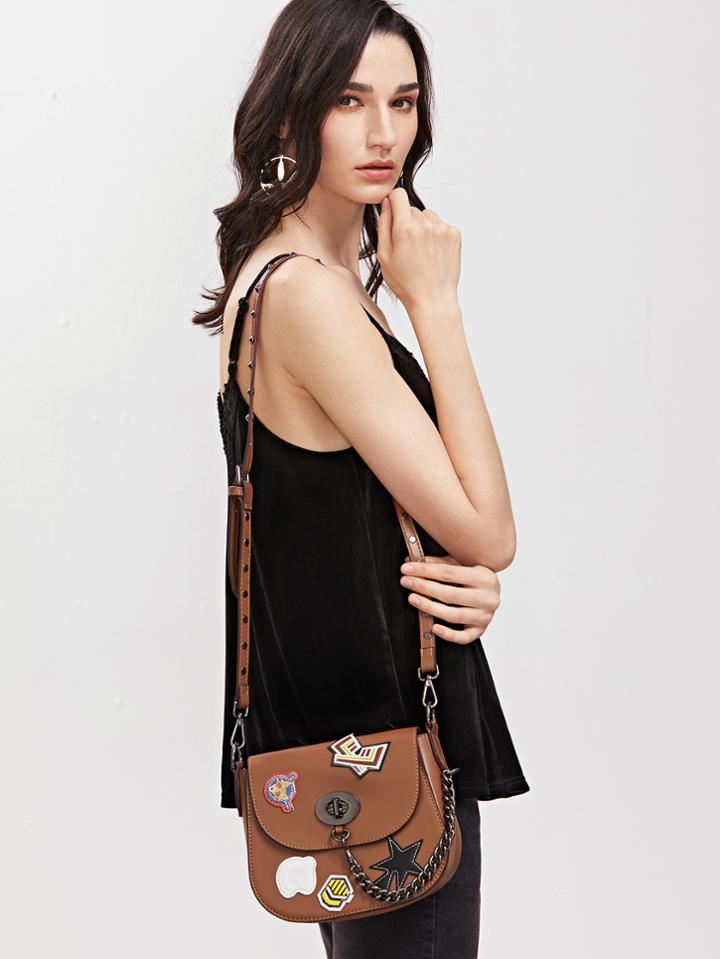 Romwe Brown Studded Cartoon Patch Twistlock Saddle Bag