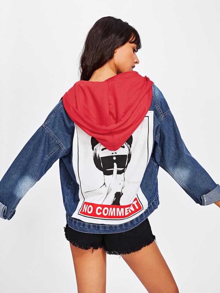 Romwe Patch Back Destructed Hooded Denim Jacket