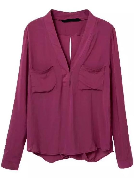 Romwe V Neck Wraped Back Wine Red Blouse
