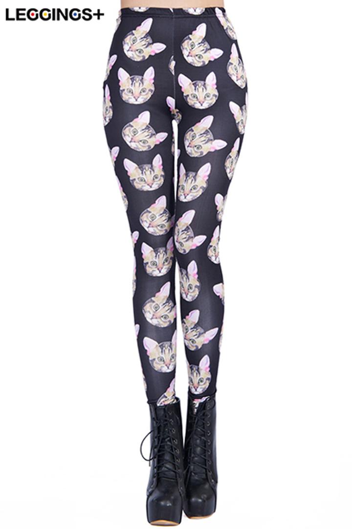Romwe Pink Cat Print Black Leggings