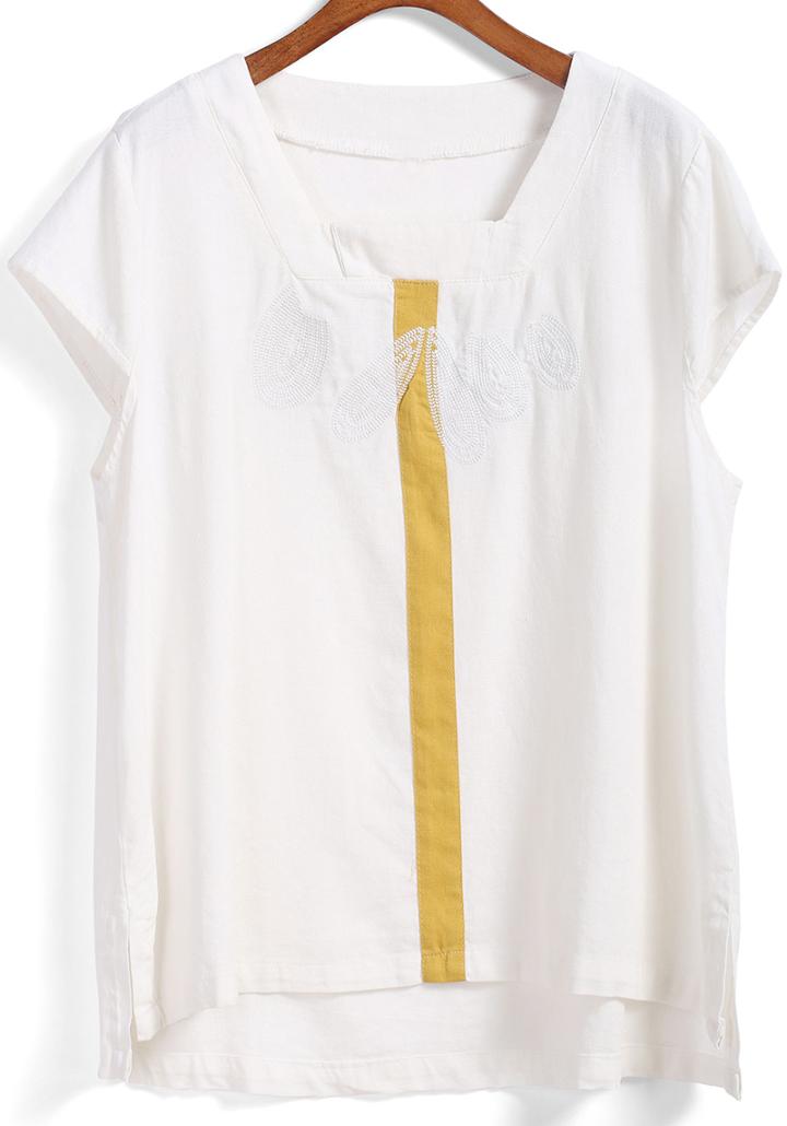 Romwe Square Neck Dip Hem Embroidered T-shirt