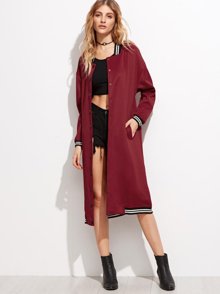 Romwe Burgundy Varsity Stripe Long Baseball Coat