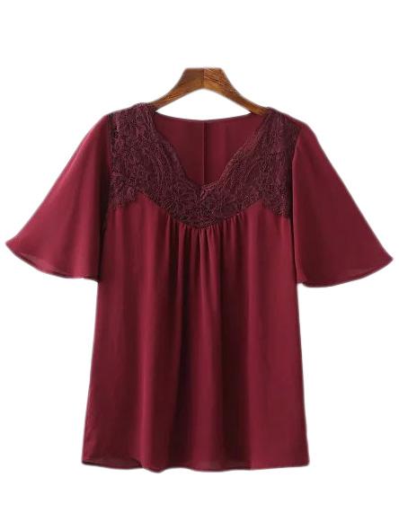 Romwe Maroon Bell Sleeve Lace Splicing Blouse
