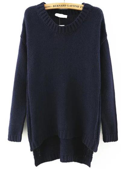 Romwe Dip Hem Zipper Navy Sweater